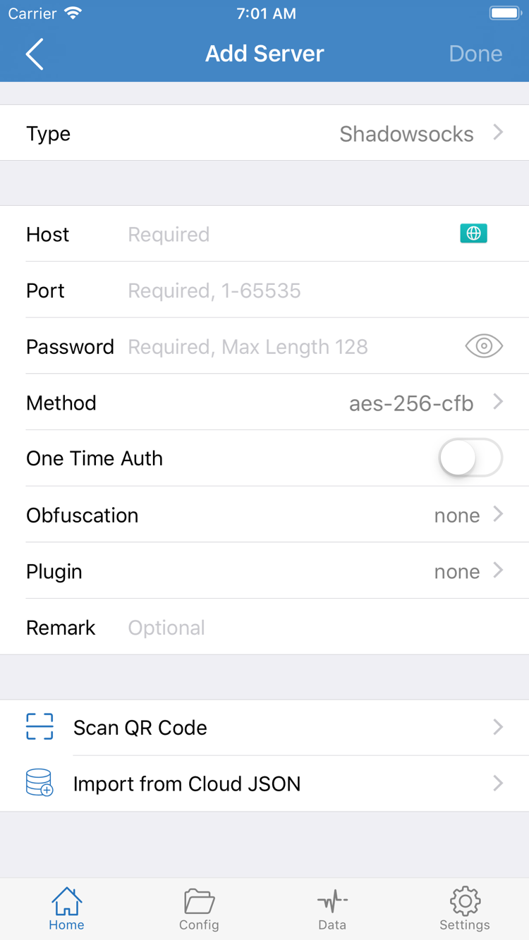 ShadowrocketのAdd Server画面。Type、Host、Port、Password、Methodと画面下部のインポート項目が表示されています