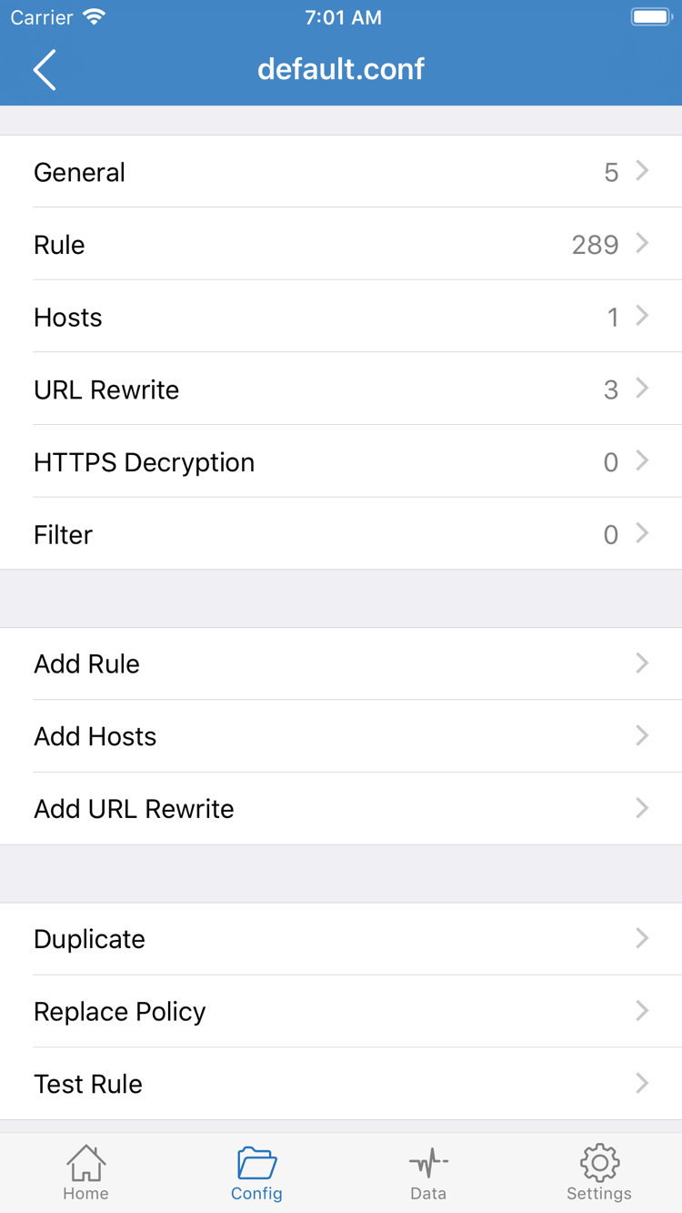ShadowrocketのConfig設定編集画面。General、Rule、Hosts、URL Rewrite、HTTPS Decryption、Add Ruleが表示されています