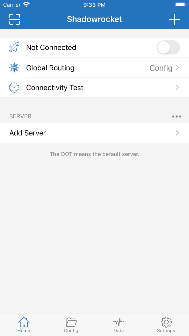 ShadowrocketのHome画面。上部にNot Connectedのスイッチ、Global Routing、Connectivity Testがあり、下部にSERVERとAdd Serverが表示されています